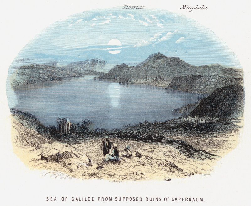 Mar da Galileia das Supostas Ruínas de Gapernaum (gravura colorida) de English School