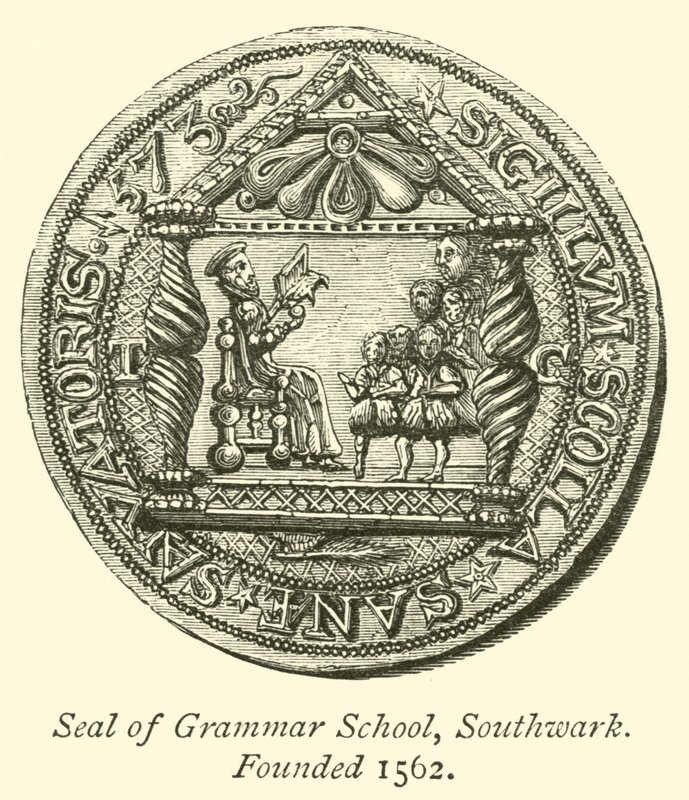 Selo da Escola de Gramática, Southwark, fundado em 1562 de English School