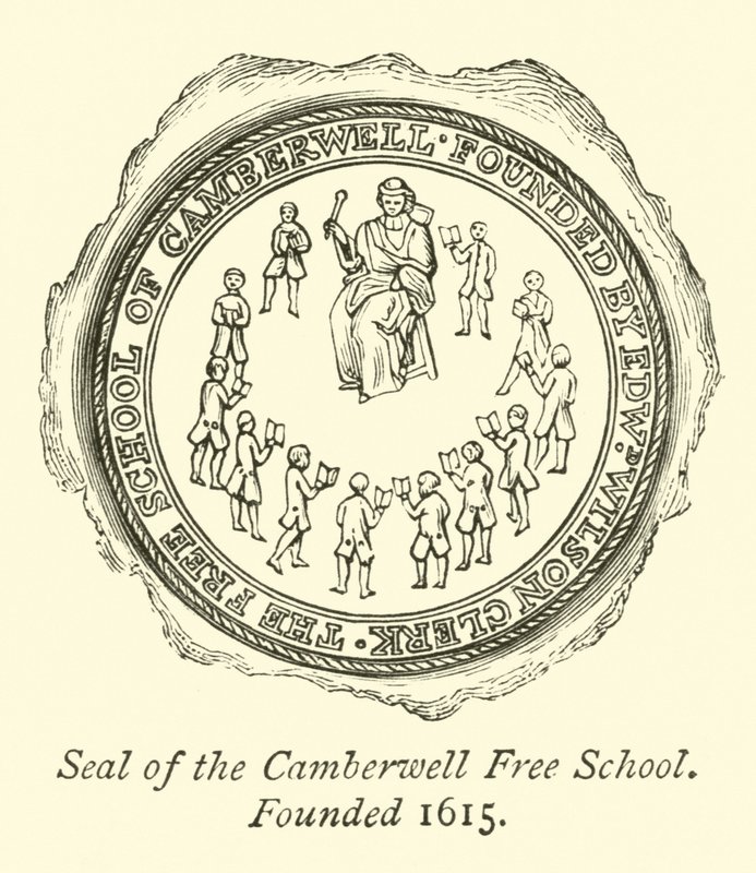 Selo da Camberwell Free School, fundada em 1615 de English School