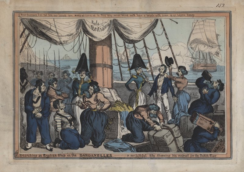 Procurando um navio britânico nos Dardanelles, ou nosso fiel aliado mostrando seu respeito pela bandeira britânica (gravura colorida) de English School