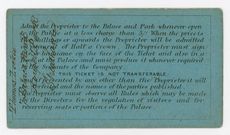 Bilhete de temporada para admissão no Palácio de Cristal, 186162, reverso, mostrando regras de English School