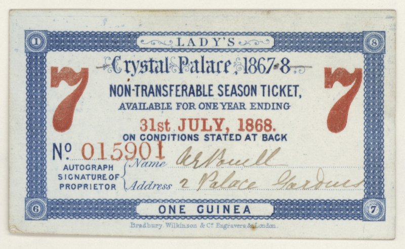 Bilhete de temporada para o Crystal Palace, Londres, 1867-1868 de English School