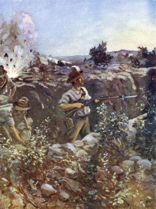 Segundo Tenente Hugo Throssell segurando parte de uma trincheira turca capturada contra os contra-ataques do inimigo, Hill 60, Gallipoli, 29 de agosto de 1915 de English School