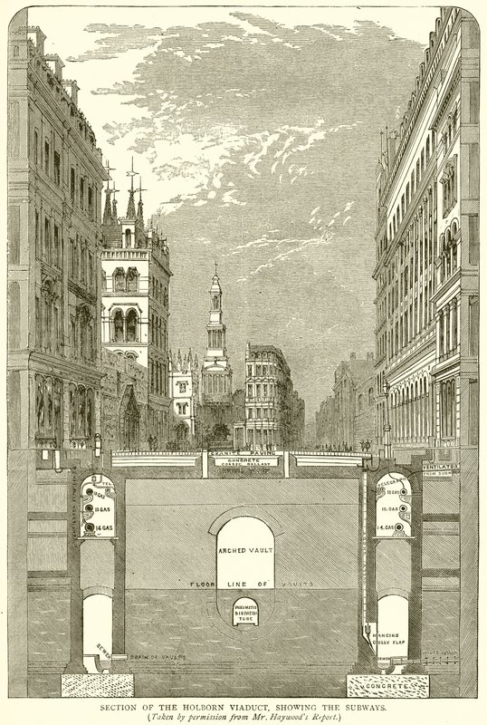Seção do viaduto de Holborn, mostrando os metrôs de English School