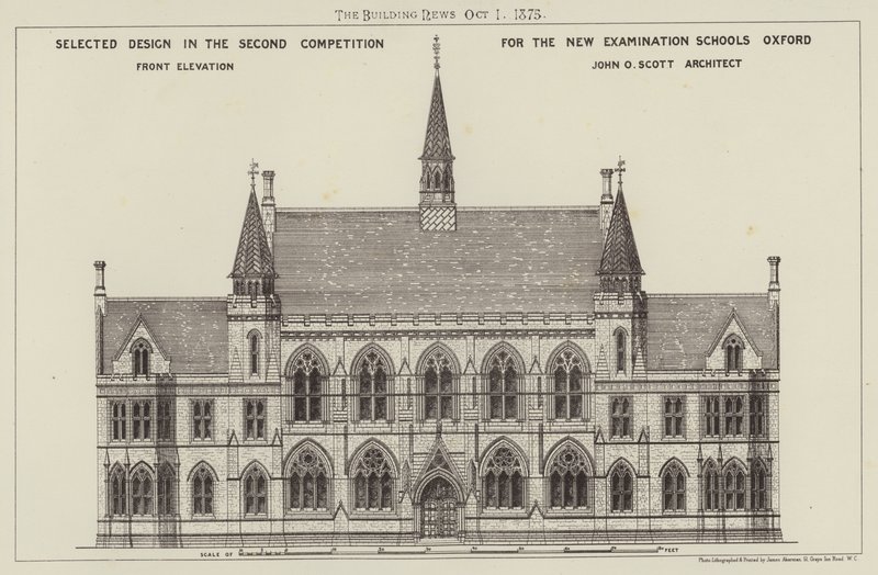Design seleccionado no Segundo Concurso para as Novas Escolas de Exame de Oxford, Front Elevation (gravura) de English School