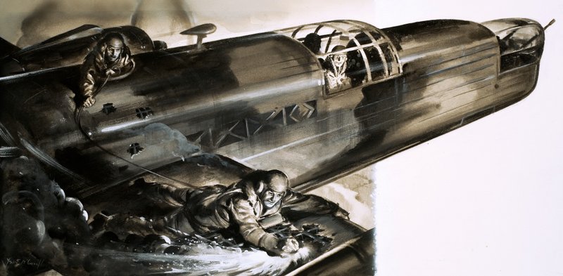 Sargento James Allen Ward andando na asa de um bombardeiro de Wellington de English School