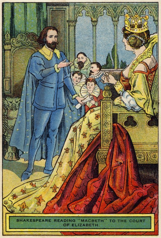 Shakespeare lendo Macbeth para a corte de Elizabeth de English School