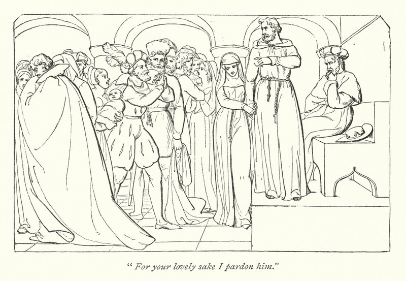 Medida de Shakespeare Para Medida; Cláudio perdoado pelo duque (gravura) de English School