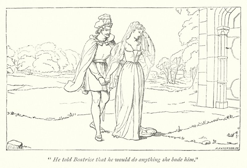 A adoção de Shakespeare sobre nada; Beatrice lamenta a desgraça do Herói para Benedick (gravura) de English School