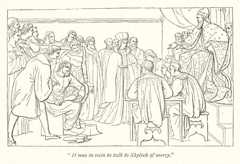 O Mercador de Veneza, de Shakespeare; tribunal de julgamento, o Doge convidando Portia para seu assento de English School