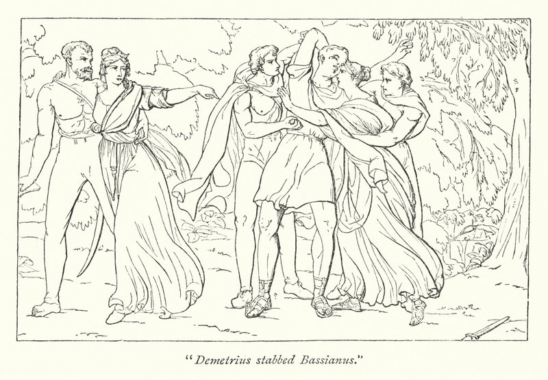 Titus Andronicus, de Shakespeare; Demetrius, instigado por Tamora, assassina Bassianus (gravura) de English School