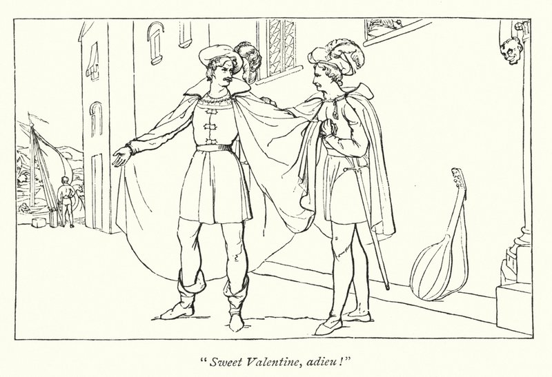Os Dois Cavalheiros de Verona de Shakespeare; A separação de Valentine e Proteus (gravura) de English School
