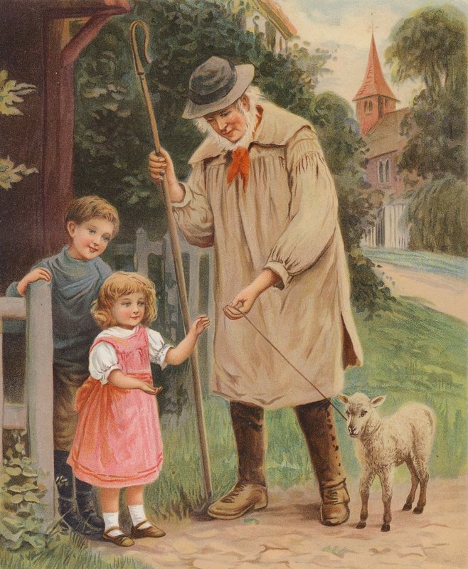 Pastor a dar as rédeas de um cordeiro de estimação a uma menina (cromolitho) de English School