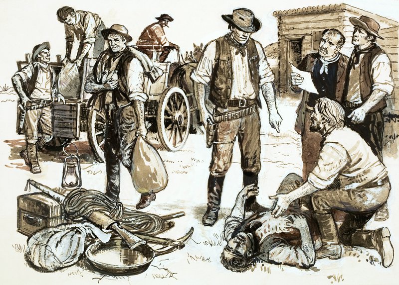 O Xerife Henry Plummer foi responsável por roubo e violência por atacado (guache no papel) de English School