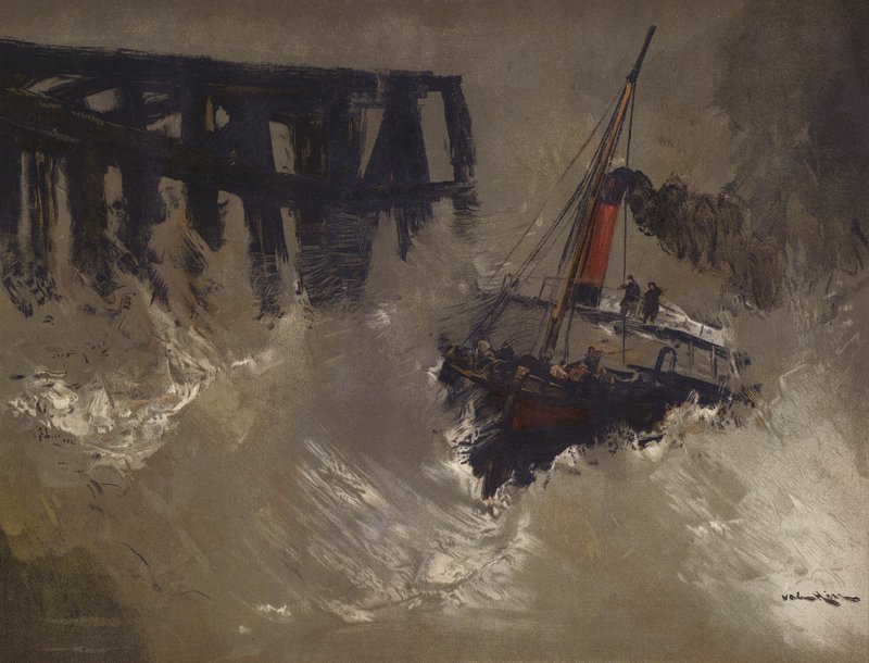 Navio lutando contra grandes ondas (chromolitho) de English School