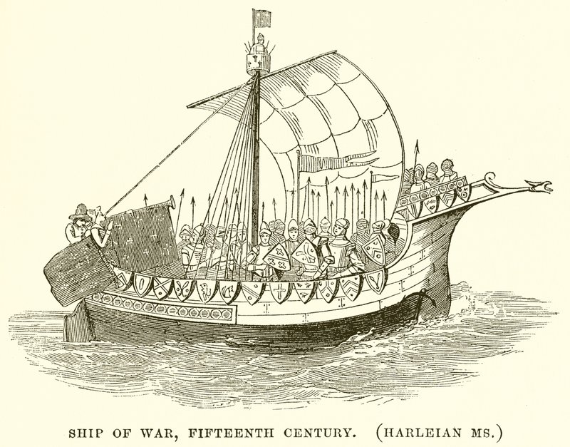 Navio de guerra, século XV. (Ms. Harleiana) de English School