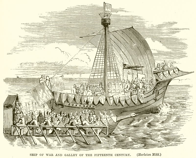 Navio de guerra e galera do século XV de English School