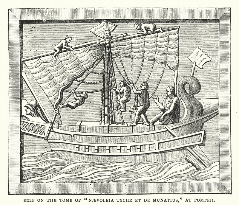 Navio no Túmulo de "Naevoleia Tyche et de Munatius", em Pompeia (gravura colorida) de English School
