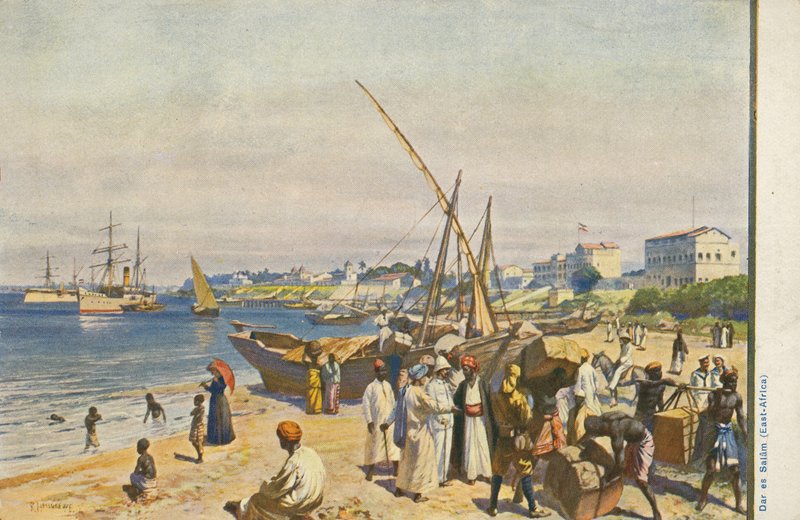 Navio na praia, Dar es Salaam, Tanzânia (cor litho) de English School
