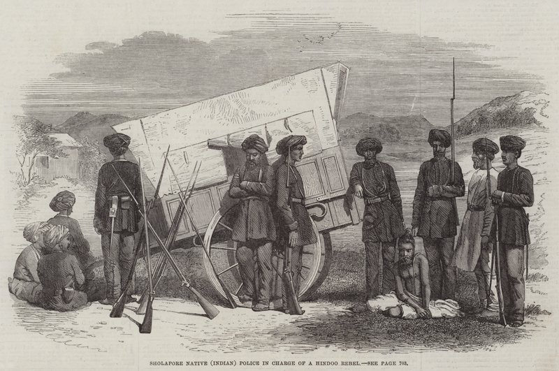 Sholapore Native (indiano) Police in Charge of a Hindoo Rebel (gravura) de English School