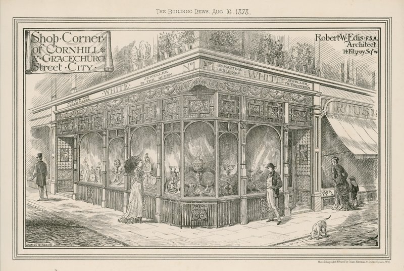 Loja de canto de Cornhill e Gracechurch Street, City, Londres de English School