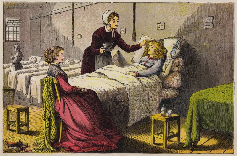 Menina doente a ser cuidada no hospital (gravura a cores) de English School