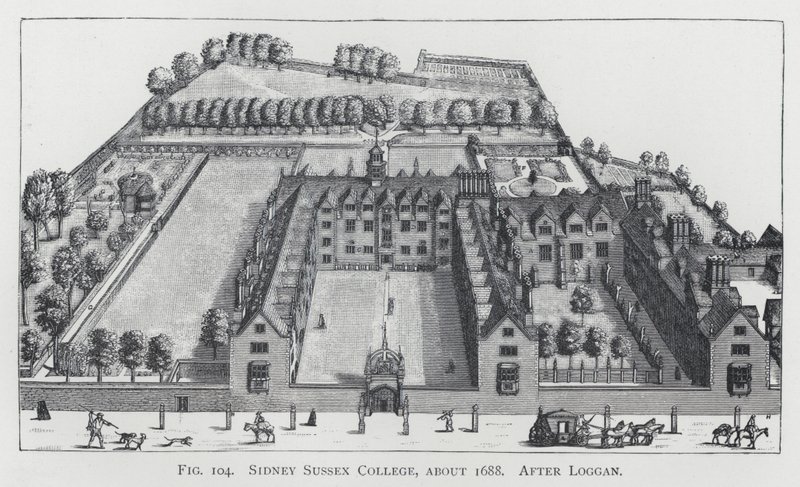 Sidney Sussex College, cerca de 1688, depois de Loggan (gravura) de English School