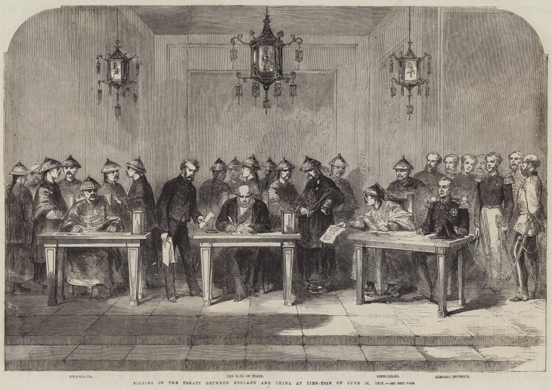 Assinatura do Tratado entre Inglaterra e China em Tien-Tsin, em 26 de Junho de 1858 (gravura) de English School