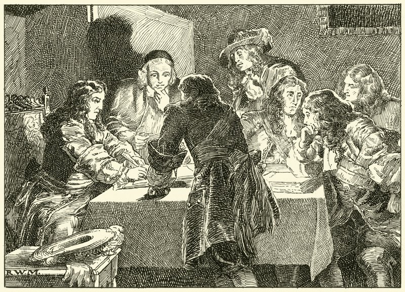 Assinando o convite para William de Orange (tinta no papel) de English School