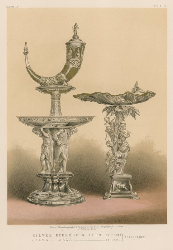 Silver Epergne e Horn por Hertz, Silver Tazza por Dahl, Copenhagen de English School