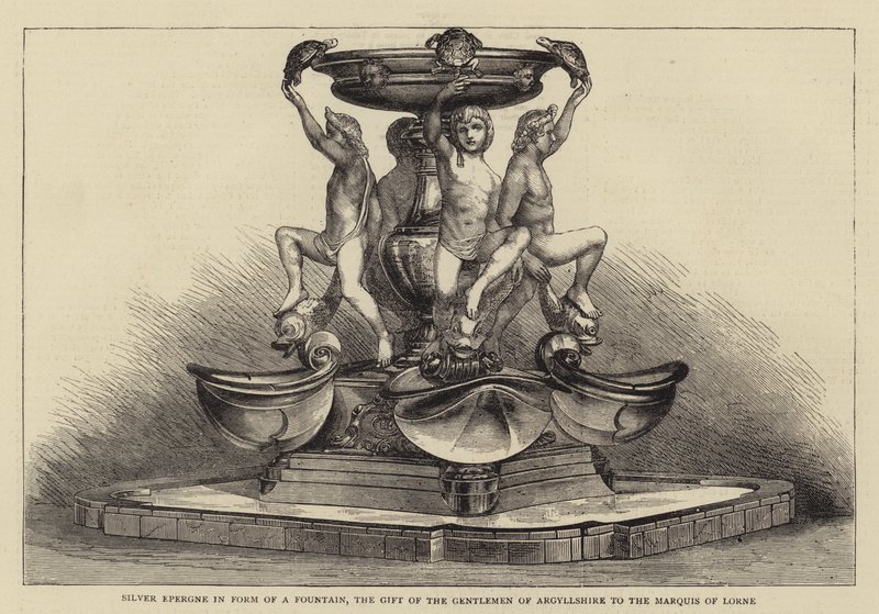 Silver Epergne em forma de Fonte, o Presente dos Cavalheiros de Argyllshire para o Marquês de Lorne (gravura) de English School