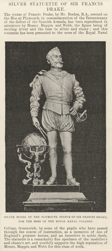 Modelo de prata da Estátua de Plymouth de Sir Francis Drake, para a Mensagem do Colégio Naval Real (gravura) de English School