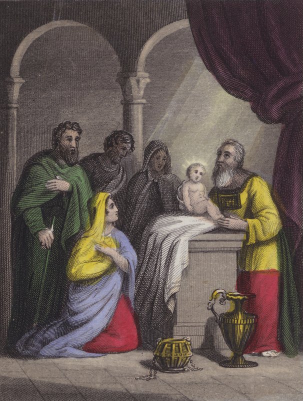 Simeon nos seus braços alegres a criança que ele toma... (gravura colorida) de English School