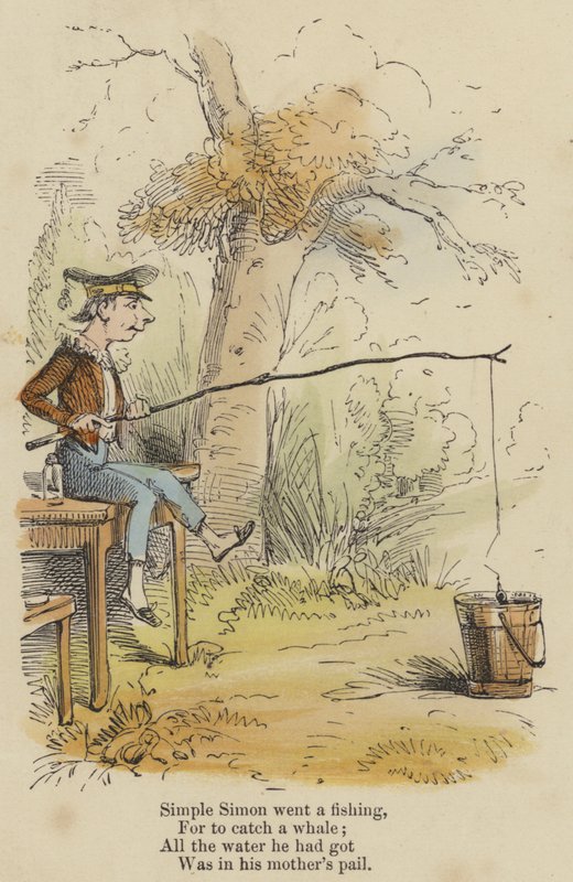 Simples Simão foi pescar, Pois para apanhar uma baleia; Toda a água que tinha, Estava no balde da sua mãe (gravura colorida) de English School