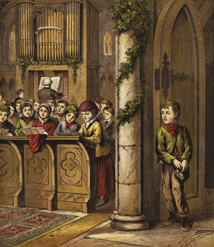 Cantando canções na Igreja, com o pobre menino em pé ao lado de English School
