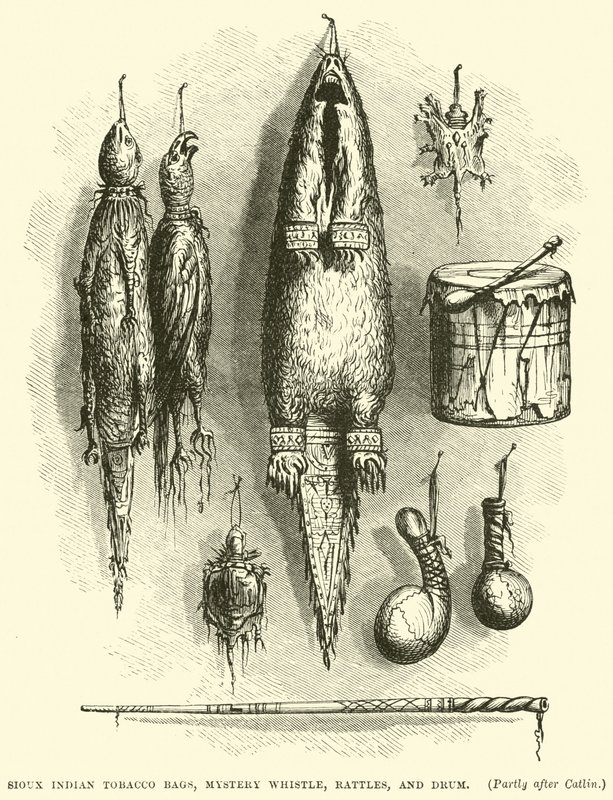 Sioux Indian Tobacco Bags, apito misterioso, chocalhos e tambor de English School