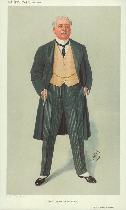 Sir A Osmond Williams, O Campeão das Damas, 1 de dezembro de 1909, desenho animado da Vanity Fair de English School