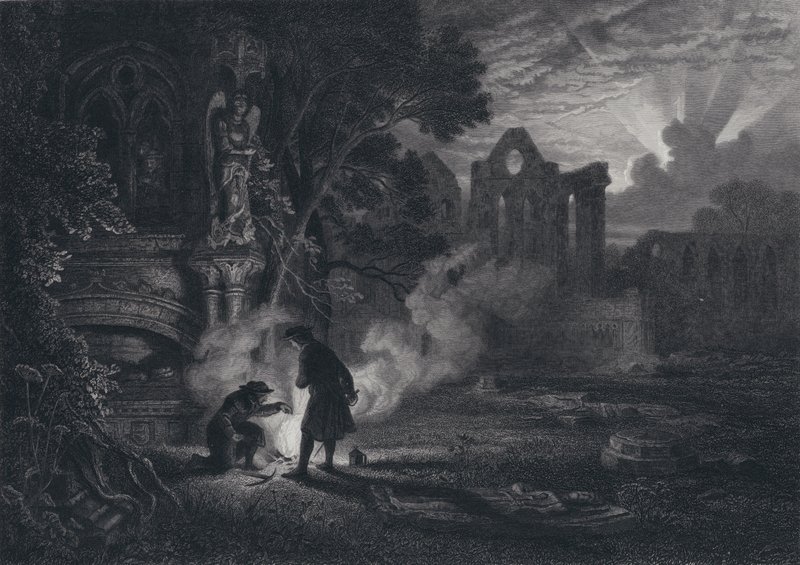 Sir Arthur e Dousterswivel nas ruínas de Santa Rute (gravura) de English School