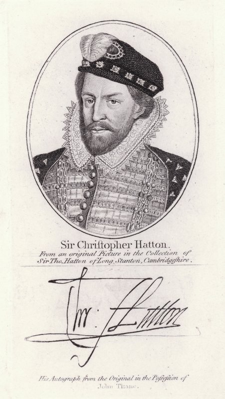 Sir Christopher Hatton, Lord Chancellor of England e favorito da Rainha Isabel I (gravura) de English School