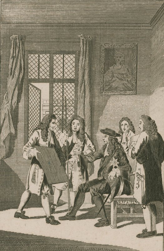 Sir Christopher Wren apresentando ao rei Carlos II seu plano para reconstruir a cidade de Londres de English School