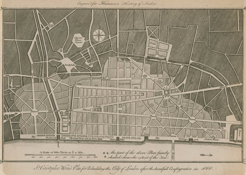 Sir Christopher Wrens planeja reconstruir a cidade de Londres após a terrível conflagração em 1666 de English School