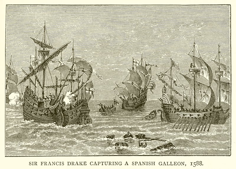 Sir Francis Drake capturando um galeão espanhol, 1588 de English School