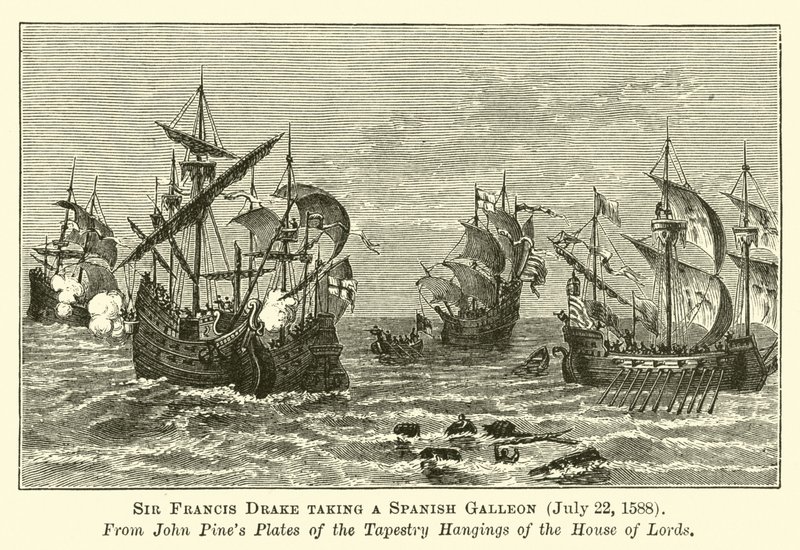Sir Francis Drake tomando um galeão espanhol, 22 de julho de 1588 de English School
