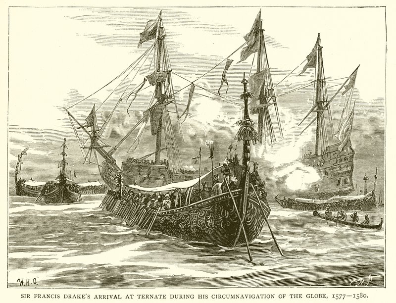 Sir Francis Drakes Chegada a Ternate durante sua Circunavegação do Globo, 1577--1580 de English School