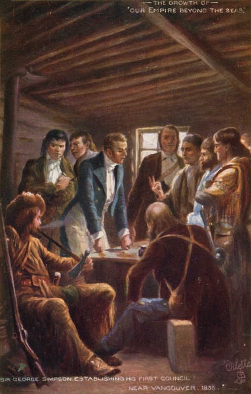 Sir George Simpson estabelece seu primeiro conselho perto de Vancouver, 1835 de English School