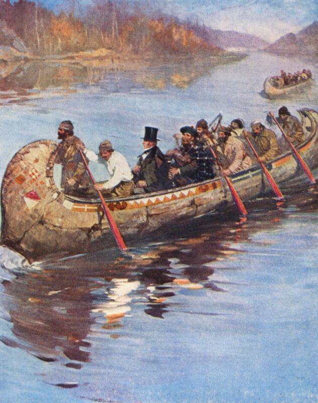 Sir George Simpson na sua viagem de inspeção da Baía de Hudson à costa do Pacífico (litografia a cores) de English School