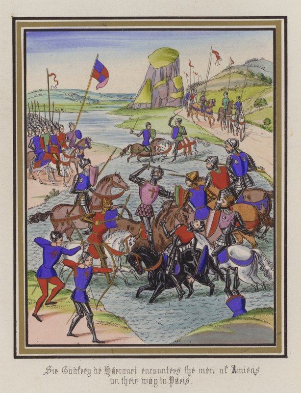 Sir Godfrey De Harcourt encontra os homens de Amiens no seu caminho para Paris (gravura colorida) de English School