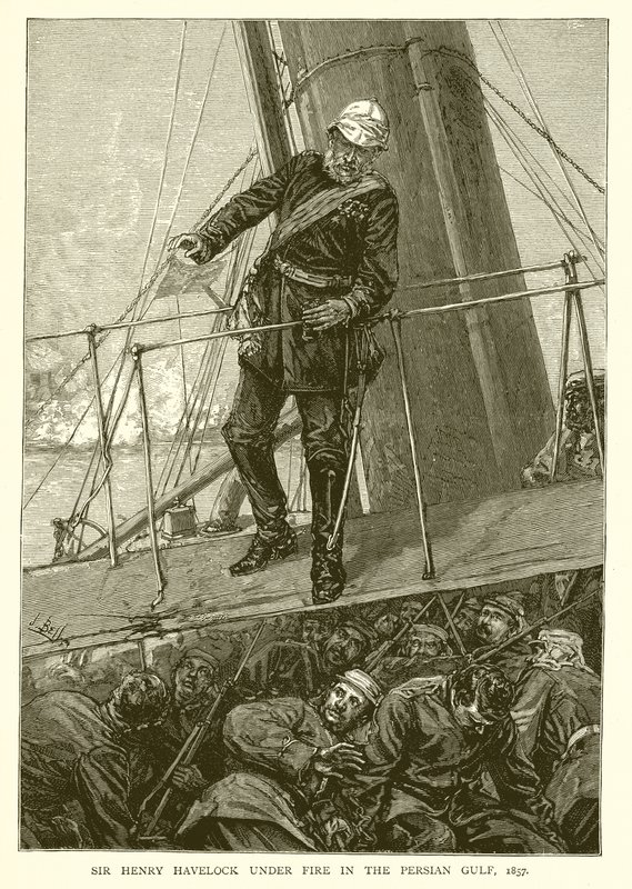 Sir Henry Havelock sob fogo no Golfo Pérsico, 1857 de English School