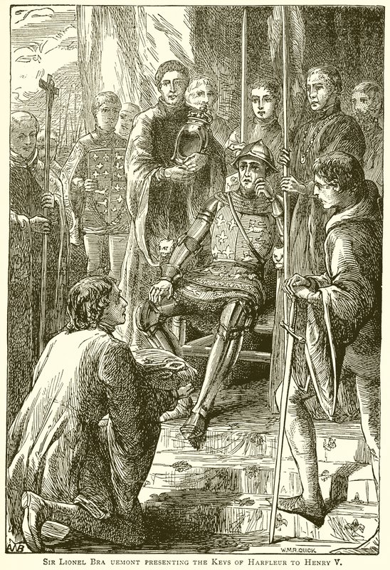 Sir Lionel Bra Uemont apresentando as chaves de Harfleur para Henry V de English School