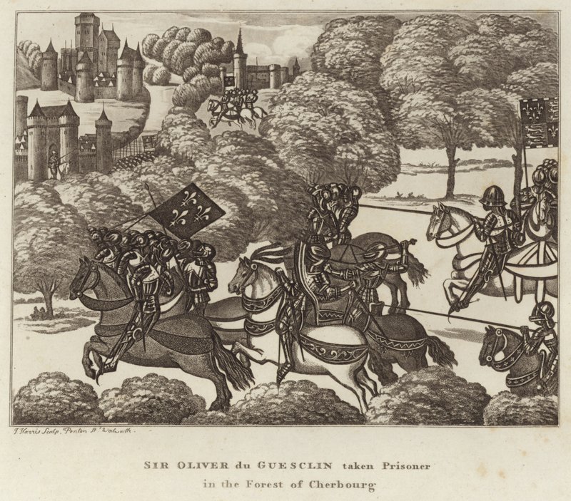 Sir Oliver du Guesclin levado prisioneiro na floresta de Cherbourg de English School